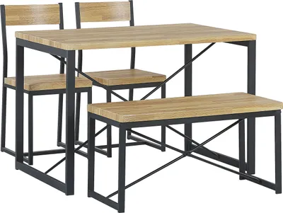 Obrázek produktu pro BELIANI Jídelní sestava světlý dřevěný rám z černé oceli 4místný stůl 110 x 70 cm 2 židle lavice
