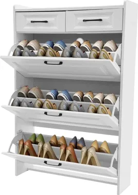 Obrázek produktu pro Skříň na boty – model se 3 dvířky a 2 zásuvkami – úzká 80 x 24 x 120 cm – nastavitelná police na boty – pro cca 16–20 párů – dřevěný materiál – bílá