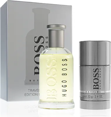 A gift set containing a bottle of Hugo Boss Bottled EDT and a deodorant stick, presented on a white background.