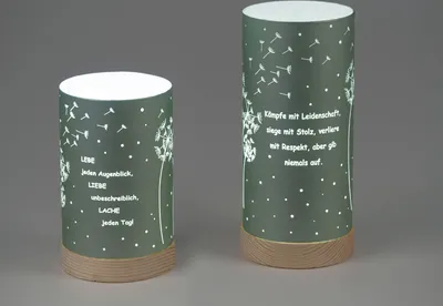 Produktbild von 2er Set LED Tischlampen Pusteblume mit Spruch H. 20cm grün mit Timer Formano WA