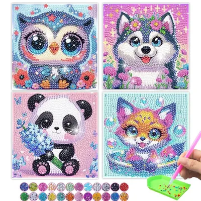 Immagine prodotto di Set per Diamond Painting a tema "Gufo per bambini", 4 pezzi, pittura fai-da-te 5D, 18x18 cm, motivi di animali carini