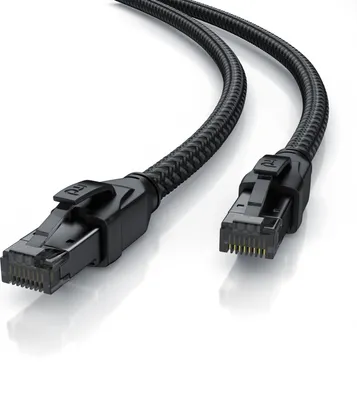 Produktbild von Primewire Patchkabel CAT 8 mit Baumwollummantelung, Gigabit Ethernet LAN Kabel - Black Series, 40 Gbit/s - S/FTP PIMF Schirmung, Netzwerkkabel - 0,25m