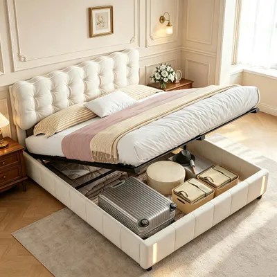 Produktbild von INONEFT Boxspringbett 140x200cm mit Stauraum und LED-Beleuchtung, Polsterbett mit Lattenrost, Jugendbett Stauraumbett, Samt, Beige