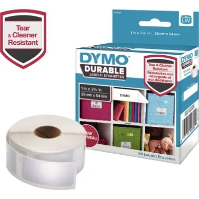 Produktbild von DYMO Original LabelWriter Hochleistungs-Etiketten | 25 mm x 54 mm | weißes Kunststoff-Etikett | Rolle mit 160 Etiketten | für LabelWriter-Beschriftungsgerät, Weiß, Selbstklebendes Druckeretikett, Polypropylen (PP), Permanent, Rechteck, -18 - 50 °C