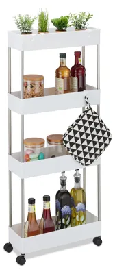 Schmales Regal auf Rollen, 98x15,5x40,5 cm, 4 Ablagen, weiß