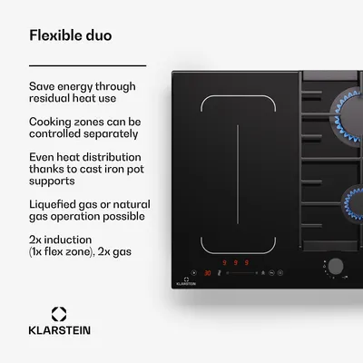 Obrázok produktu pre Klarstein dvojitá indukčná a plynová varná doska, 7 kW plný výkon, s posuvnou časťou a liatinovou základňou – energeticky úsporná, vysokokvalitná indukčná varná doska pre optimálny zážitok z varenia