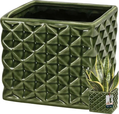 Productafbeelding van KOTARBAU® Bloempot van keramiek, geglazuurd, vierkant, groen, 14 x 14 cm, H 13 cm, bloempot voor kamerplanten, orchideeėn en vetplanten, potten, bloemen, vierkant, pianocollectie