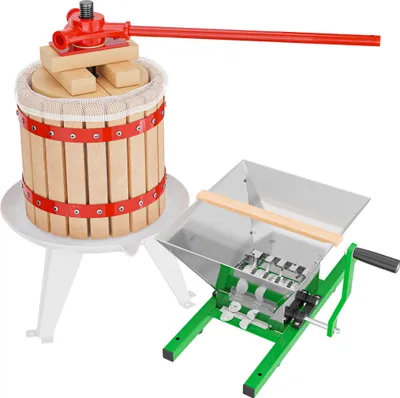 Image de Wiltec Kit Presse et Broyeur à fruits – capacité 7 L / 12 L – avec Entonnoir en acier, Panier en hêtre et Torchon Sac de filtrage – Pressoir manuel pour Moût de pomme poire raisins baies – Vin Cidre