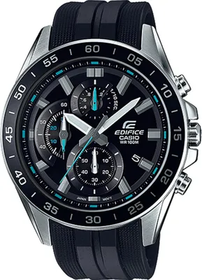 A close-up, front-facing studio shot of a Casio Edifice men's watch with a black dial and a black rubber strap.
