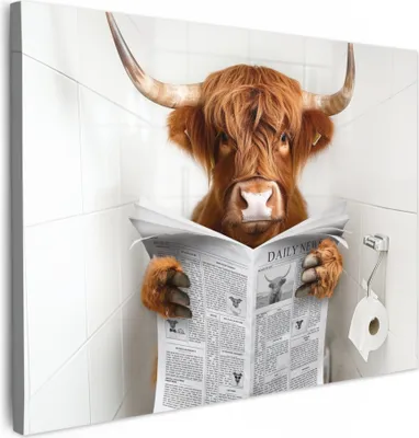 Produktbild von MuchoWow® - Leinwandbilder - Schottischer Highlander - Tier - Zeitung - Toilette, Wandbild, Wanddeko Bilder Wohnzimmer, 40x30 cm