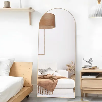 Zdjęcie produktu dla Lustro ścienne, 165x60 cm, zakrzywione, złote, pełne, z ramą aluminiową, do zawieszenia lub postawienia