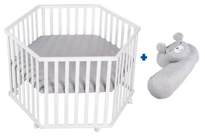Obrázok produktu pre Sada robа vrátane ohrádky so šesťuholníkovým tvarom + ochranná sieťka z mikrovlákna – Kompletná sada ohrádky robа Style v sivej farbe – s možnosťou nastavenia výšky v 3 úrovniach – drevo v bielej farbe