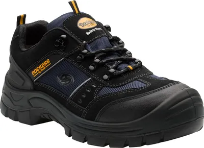 A single black and blue Dockers safety shoe is shown from a side angle against a white background.