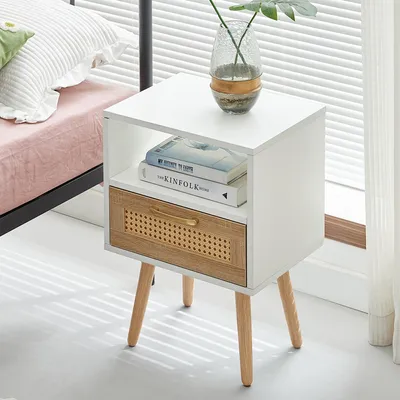 Produktbild von MODFU Beistelltisch mit offenen Fächern und Massivholzbeinen Nachttisch mit Schublade Geeignet für Wohnzimmer und Schlafzimmer Weiß+Natur
