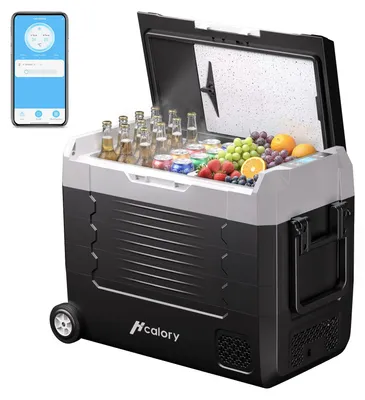 Produktbild von 55L Tragbarer Kompressor Kühlbox mit Bluetooth-App, Elektrisch Autokühlbox Dual-Zone (-20°C bis +20°C) Schneidebrett, 12V/24V/230V, Rollen & Trennwand