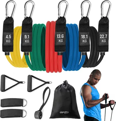 Produktbild von Gymtek® Theraband Set - 5 Stück, 4.5-22.7kg - Fitnessbänder, Resistance Bands, Widerstandsbänder, Gymnastikband - Yoga, Pilates, Krafttraining Fitness