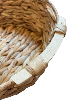 Zdjęcie produktu dla Okrągły kosz do przechowywania wykonany z hyacyntu wodnego, o wymiarach 30 x 12 cm, z drewnianymi uchwytami, idealny do salonu