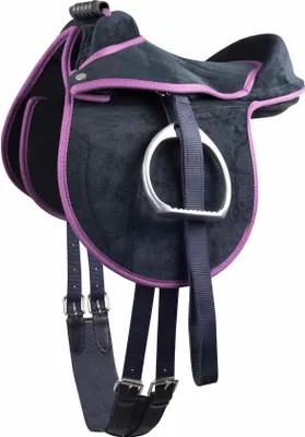 A close-up studio shot of a child's pony saddle.