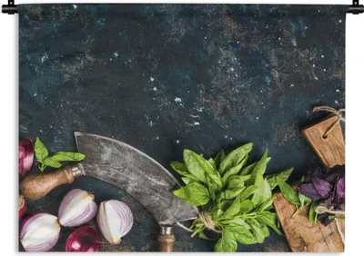 Produktbild von MuchoWow® Wandteppich Wandbehang Gemüse - Kräuter - Wiegemesser - Zwiebel - Gewürze - Rustikal 90x67.5 cm Tapisserie Dekoration Wandtuch - Fototeppich - Wand-Skulpturen