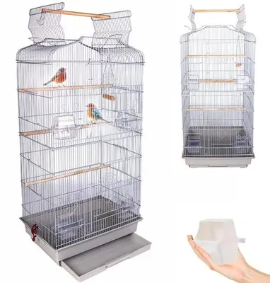 Immagine prodotto di Ibenzoa® Gabbia per uccelli – struttura in metallo robusta e resistente alla ruggine, con tetto apribile, base in plastica e posatoi in legno, adatta per 2-3 piccoli o medi uccelli, colore grigio, dimensioni 93x46x36 cm