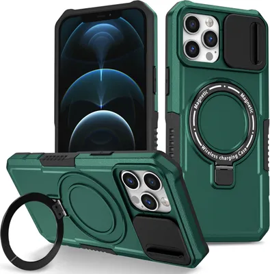 Produktbild von Handyhülle für iPhone 12 /iPhone 12 Pro Kompatibel mit MagSafe, Robuste Hülle mit Schiebe Kamera Schutz, Magnetischer Ringständer Dunkelgrün