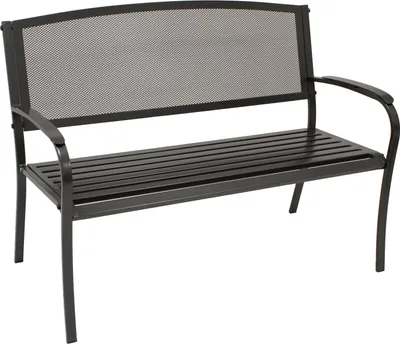 A dark metal garden bench with a slatted seat and a mesh backrest, shown against a white background.
