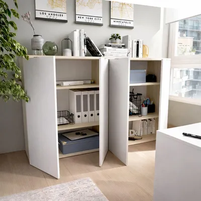 Produktbild von Mehrzweckschrank Ddijk, niedriger Multifunktionsschrank, Schrank mit 2 Türen, 79 x 40 x 96 cm, Weiß und Eiche
