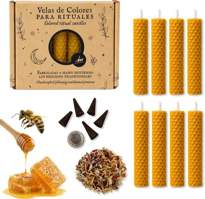 Productafbeelding van Verpakking met 8 kaarsen met bijenhoning + wierookzak in kegel + geritualiseerde kruiden, natuurlijke was met echte geur, esoterische rituele set