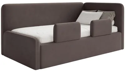 Produktbild von Selsey Fanko – Kinderbett 90x200 cm mit Rausfallschutz, Matratze, Kopfteil rechts, Samt,Braun