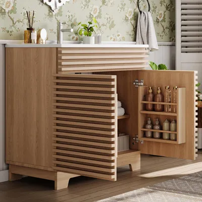 Productafbeelding van Flieks wastafel voor de badkamer met dubbele deur, ingebouwde planken, hoge schrankpoten, een geïntegreerde wasbak, een wastafelmeubel, een kast en een natuurlijke uitstraling