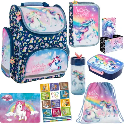 Produktbild von Goldkids - Schulranzen für Jungen und Mädchen, 8er-Set - Schul-Rucksack für Kinder mit Federmäppchen - Schuhbeutel Trinkflasche und Brotdose - Einhorn