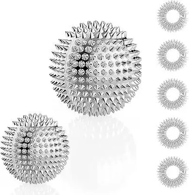 Produktbild von 2 igelball massage + 5 akupressur ring finger - akupressur ball metal klein 32mm 47mm - skills ring akkupressurringe for finger - skills borderline igelbälle Massageringe set für Stress Relief silber