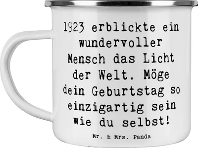 Produktbild von Mr. & Mrs. Panda Teetasse Spruch 1923 Geburtstag - Weiß - Geschenk, Teebecher, Pott, Jahrgang, Geburtstagsgeschenk, Happy Birthday, Emaille Becher, Alter, Feier, Haferl