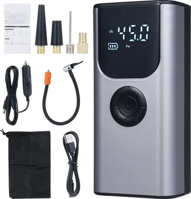 Produktbild von Luftkompressor 3600mAh Powerbank, Reifenfüller für Auto- Motorrad- Fahrradreifen, Basketball, , LED-SOS-Lichtfunktion, voreingestellter Reifendruck