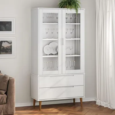 Immagine prodotto di Mobiletto espositivo con 2 cassetti, 4 ripiani, libreria, verniciatura UV, colore bianco, dimensioni 90x35x175 cm, realizzato in legno massello di pino