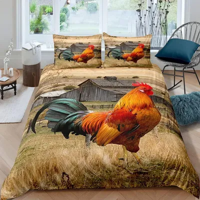 Obrázok produktu pre Sada posteľnej bielizne, 3-dielna, 200x200 cm, 100% mikrovlákno, s 2 vankúšovými obliečkami 80x80 cm, motív slepačiek, zapínanie na zips