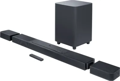 A soundbar system with detachable rear speakers and a subwoofer, displayed on a white background.