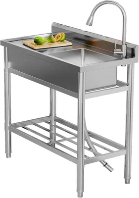 Productafbeelding van RVS spoelbak 76x41x76 cm, losstaande keukenspoelbak met 1 kom, professionele spoelbak met kraan, inclusief koud- en warmwateraansluitingen, geschikt voor wasserij, buitenkeuken, horeca, winkel en restaurant