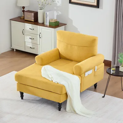 Produktbild von Senfgelber Chenille-Sessel als Liegesessel mit Massivholzbeinen und Seitentaschen, 250KG Tragkraft, Polstersessel für Wohnzimmer, Schlafzimmer und Balkon zum Lesen und Entspannen