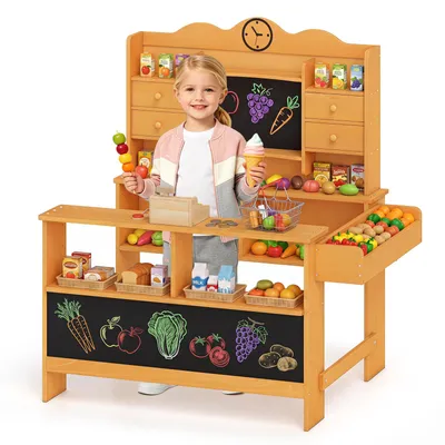 Produktbild von COSTWAY Kinder Kaufladen, Kaufmannsladen mit 5 offene Fächern, 4 Schubladen, Seitentheke & 2 Tafel, Tannenholz, für Kinder 3+ 111x81,5x119cm Gelb