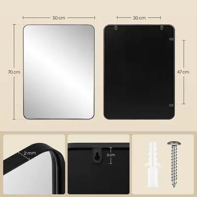 Image de Miroir mural rectangulaire - Miroir décoratif - Cadre en métal noir - 70 x 50 cm - Idéal pour la salle de bain, la chambre à coucher et le salon