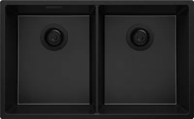 Produktbild von PRIMAGRAN Spülbecken Alles Schwarz 76x47cm, Granitspüle 2 Becken + Ablauf-Set, Küchenspüle ab 80er Unterschrank - London Slim Twin