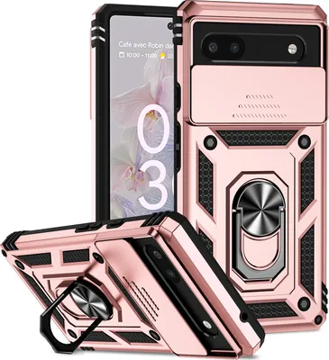 Image de Étui pour Google Pixel 6A étui double couche avec couvercle coulissant pour appareil photo et anneau de support Rose