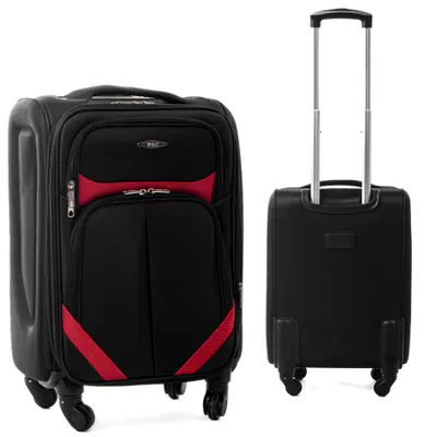 Two views of a black and red suitcase against a white background.