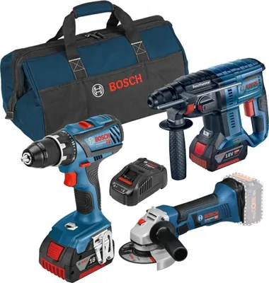 A set of Bosch power tools including a drill, a rotary hammer, and an angle grinder, along with a tool bag and batteries, displayed on a white background.