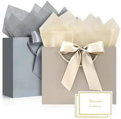 Produktbild von Geschenktüten 2 Stück Papiertüten mit Schleifenbändern + 2 Grußkarten + 4 Taschentüchern, Geschenktaschen mit Henkel Partytüten Bodenbeutel Kreuzbodenbeutel für Geburtstag Hochzeit Feier Party