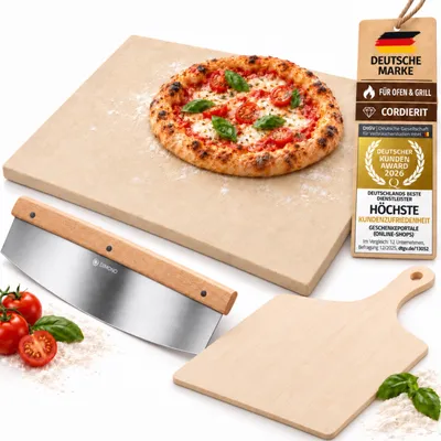 Produktbild von Profi Pizzastein, Pizzaschieber & Pizzamesser Set - Pizzaschaufel, Backstein & Wiegemesser für Backofen - Variante: Premium Set