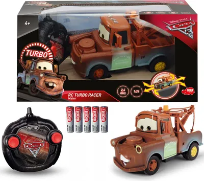A toy tow truck, its remote control, and batteries are displayed.
