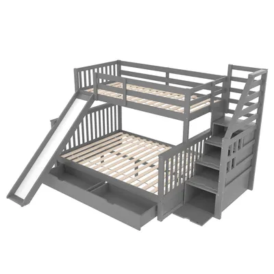 Produktbild von Flieks Hochbett 90x200cm/140x200cm, Etagenbett mit Rausfallschutz, Kinderbett mit Rutsche und Lattenrost, Stockbett Massivholzbett mit 2 Schubladen