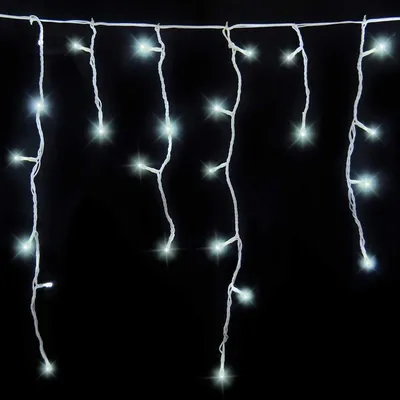 A string of white LED icicle lights against a black background.